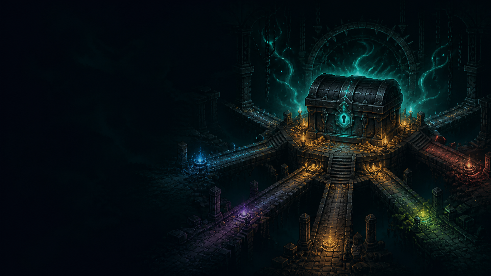 Original illustrated abyssal treasure chest in a dark dungeon