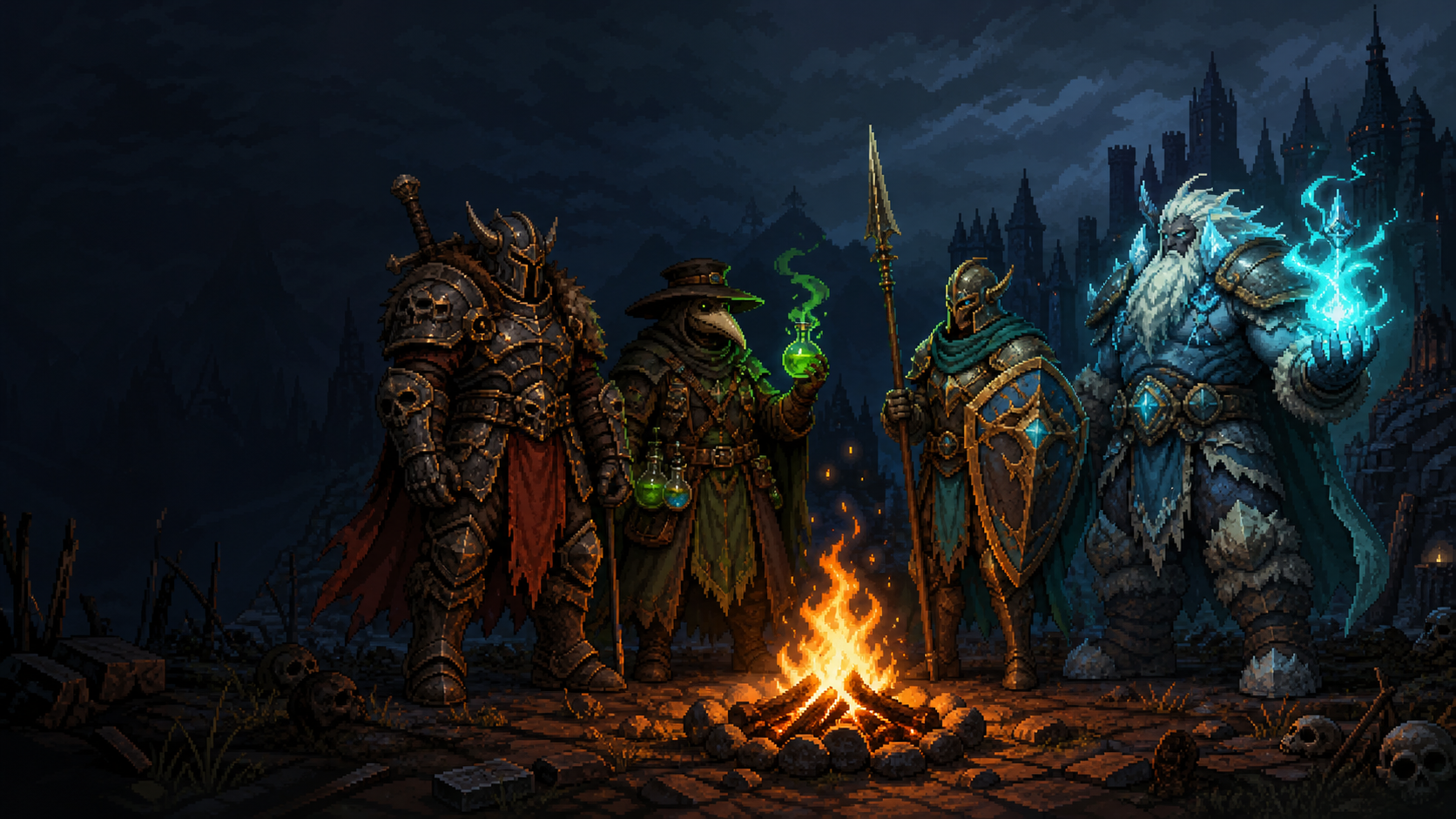 Original illustrated fantasy class roster around a campfire